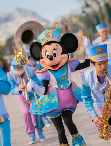 Myszka Minnie prowadzi kolorową orkiestrę dętą na Adventure Way w Disneyland Paris podczas Fanfar Disneya.