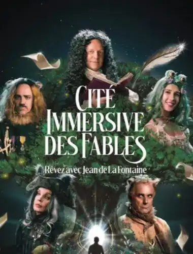 Vibrant 360-degree projections of 17th-century French fables in a modern, immersive gallery space.