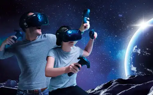 Spelers met headsets en uitrusting gaan volledig op in een gedeelde VR-ervaring bij Virtuele kamer Parijs.