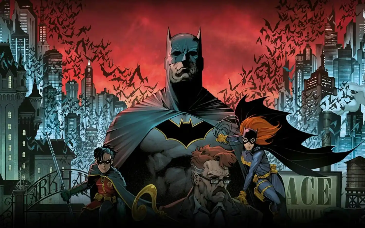 Oficjalny plakat promujący Paryż Escape Room z postaciami i kultowymi obrazami z Gotham City.