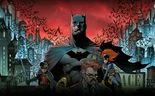Officiële poster voor Parijs Escape Room met personages en iconische Gotham City beelden.