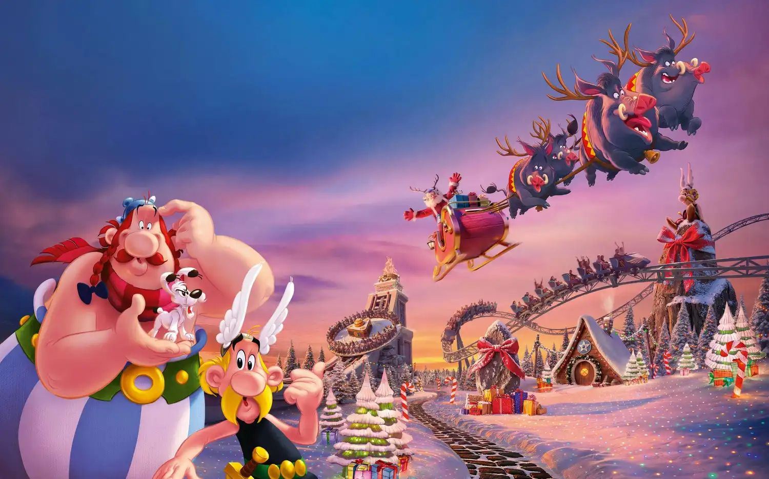 Cartoon characters in a snowy festive village with Santa flying a sleigh pulled by reindeer-like boars in the sky.