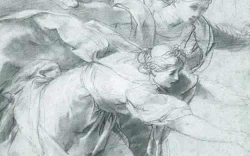 Gedetailleerde 17e-eeuwse houtskooltekening op oud papier van de tentoonstelling Tekeningen uit het Seicento.