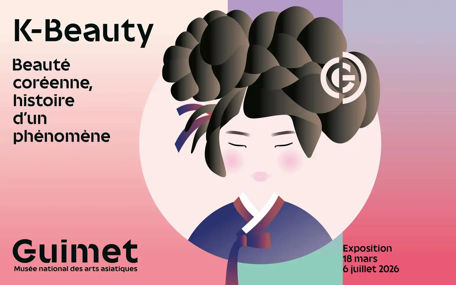Antique Korean beauty accessories and traditional paintings displayed in a modern museum gallery at Musée Guimet.