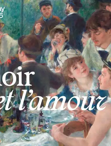Vibrant oil painting of a couple dancing outdoors in a sunlit, crowded Parisian cafe by Pierre-Auguste Renoir.