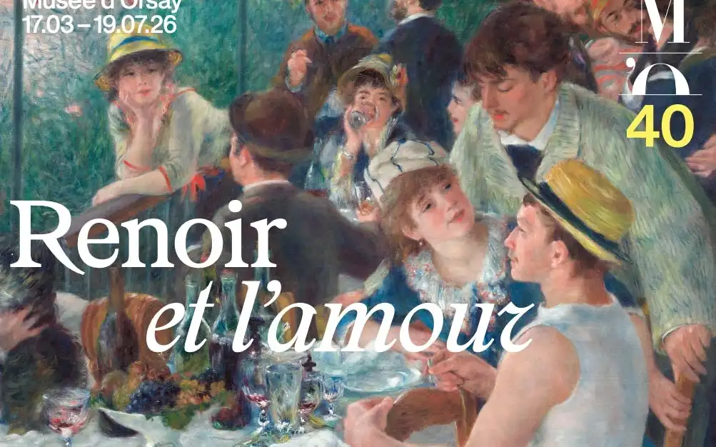 Vibrant oil painting of a couple dancing outdoors in a sunlit, crowded Parisian cafe by Pierre-Auguste Renoir.