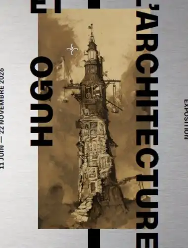 Detailed architectural sketches and manuscripts displayed in the historic, red-walled gallery of Maison Victor Hugo.