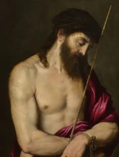 Zbliżenie na obraz Titien: Ecce Homo przedstawiający Chrystusa w koronie cierniowej w Château de Chantilly.