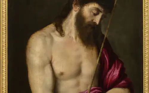 Close-up van het schilderij Titien: Ecce Homo met de doornengekronde Christus in het Château de Chantilly.