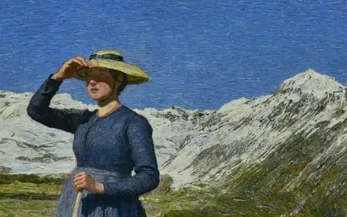 Lichtgevend Alpenlandschap van Giovanni Segantini met levendige divisionistische verstreken en bergtoppen.
